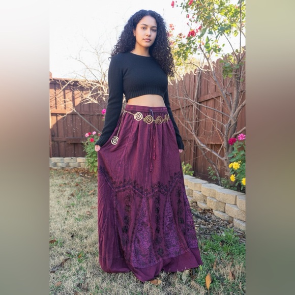 Puzzlestack Dresses & Skirts - Cottagecore Maroon Maxi Skirt with Embroidery